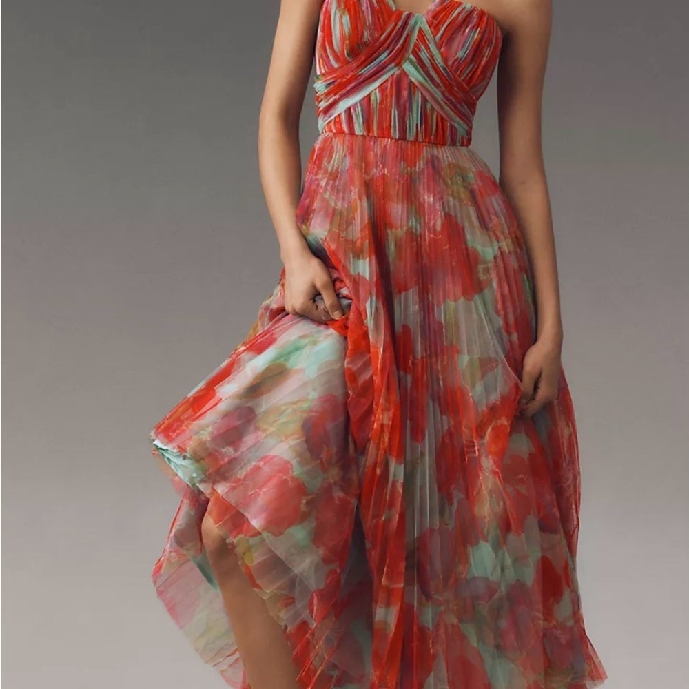 Anthropologie Strapless Red Floral Pleated Maxi Dress - Picture 1 of 6